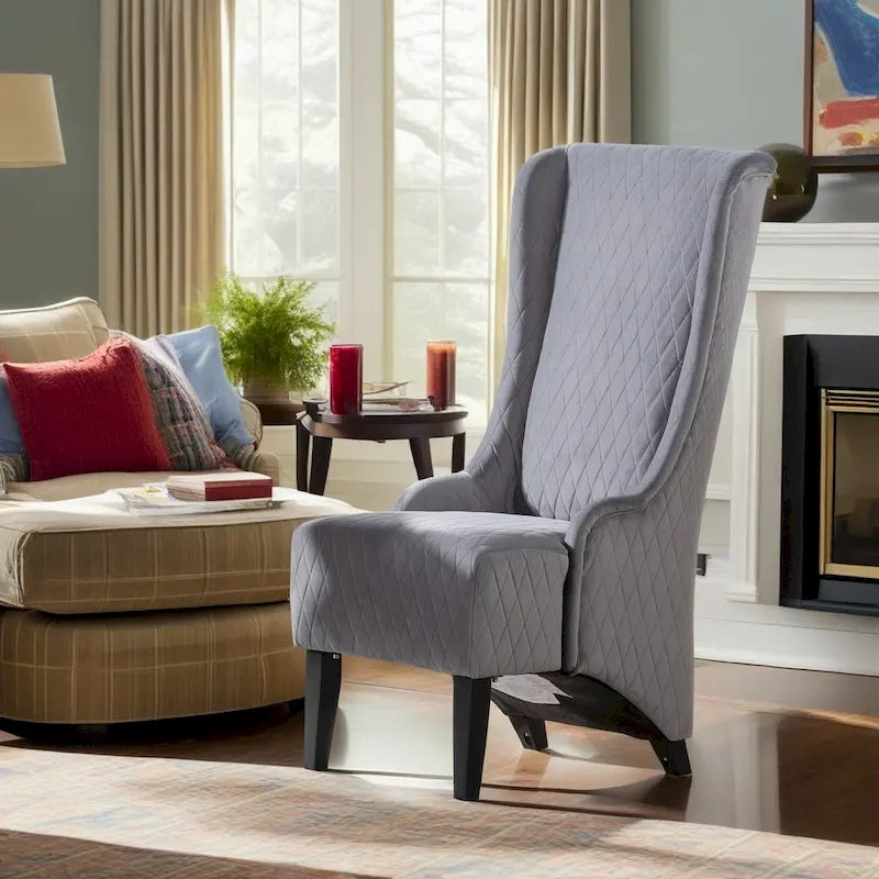 Fauteuil à dossier haut en velours avec pieds en bouleau | 23L x 30P x 46H