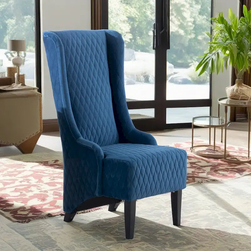 Fauteuil à dossier haut en velours avec pieds en bouleau | 23L x 30P x 46H