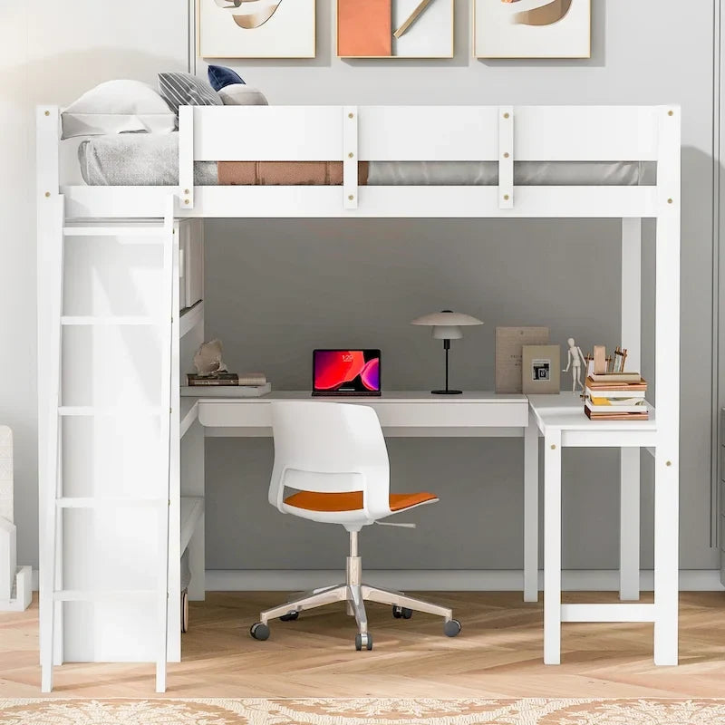 Lit mezzanine pleine grandeur avec bureau et étagère - Blanc