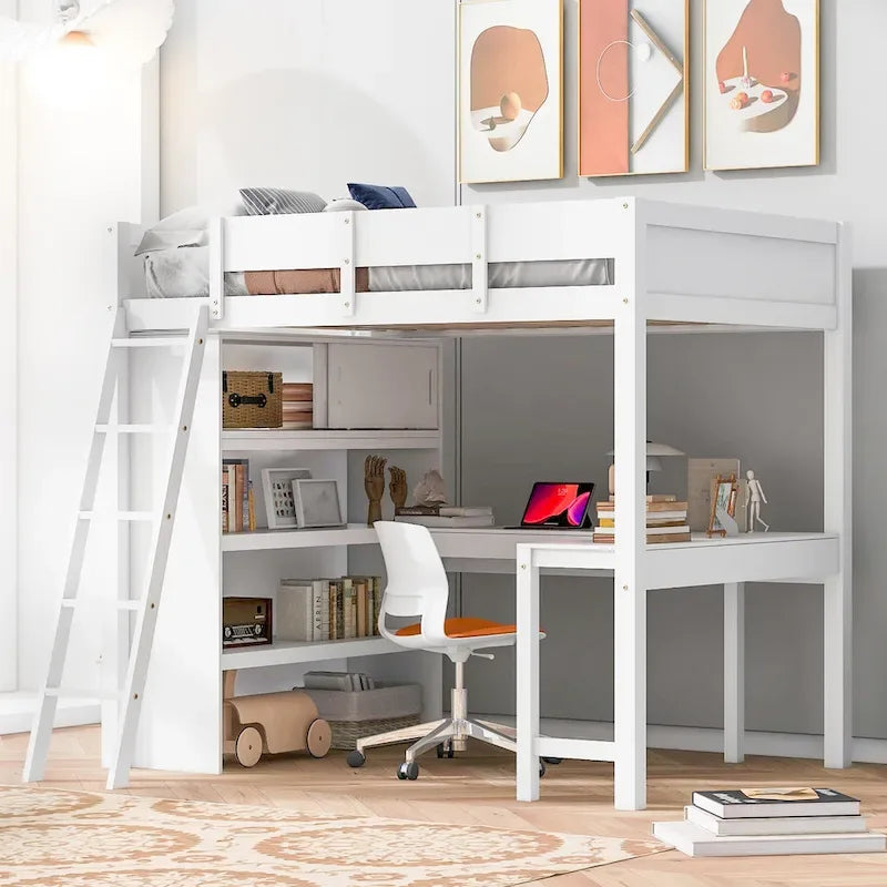 Lit mezzanine pleine grandeur avec bureau et étagère - Blanc