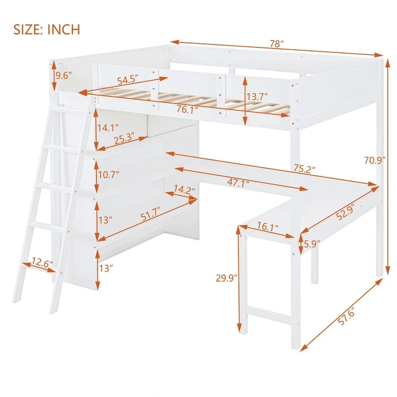 Lit mezzanine pleine grandeur avec bureau et étagère - Blanc