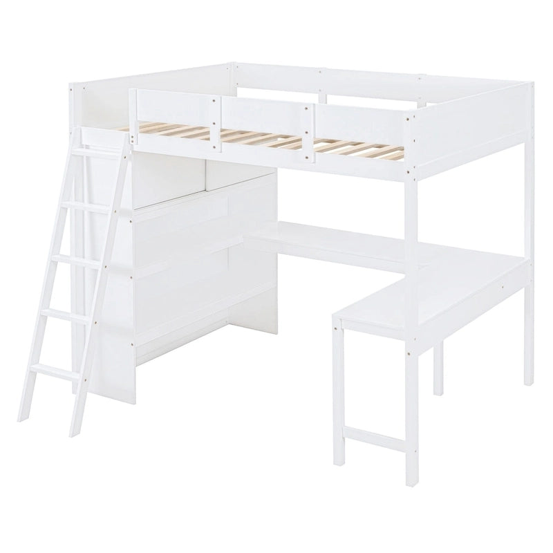 Lit mezzanine pleine grandeur avec bureau et étagère - Blanc