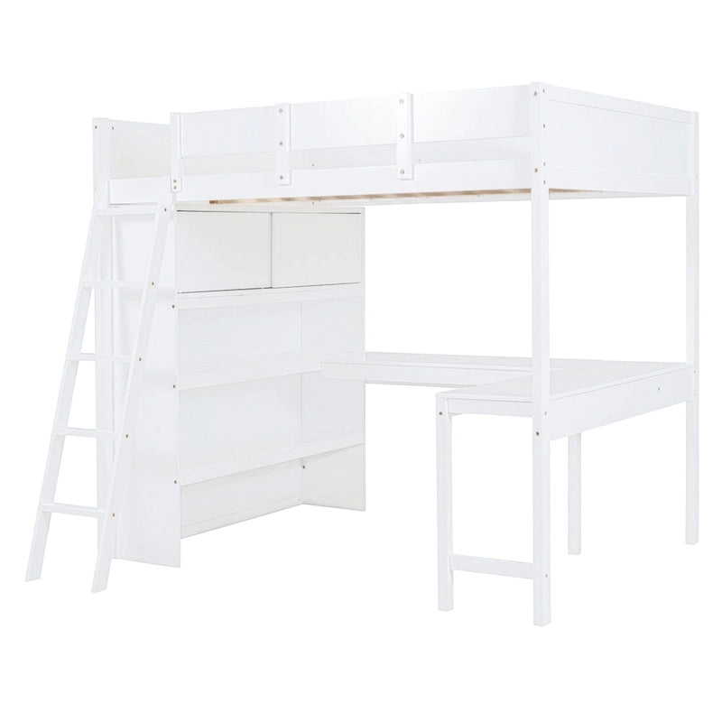 Lit mezzanine pleine grandeur avec bureau et étagère - Blanc