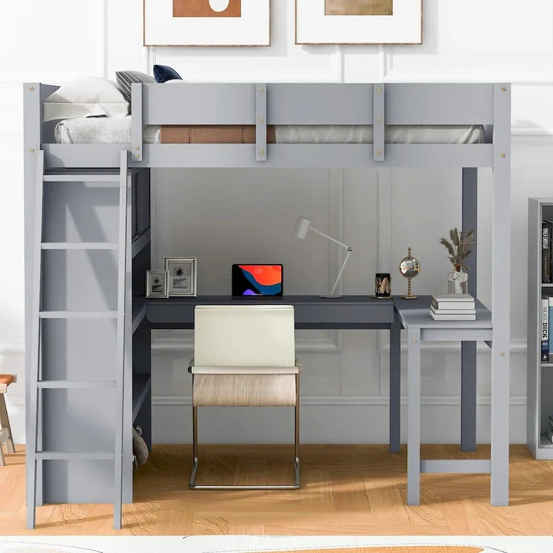 Lit mezzanine pleine grandeur avec bureau et étagère - Blanc