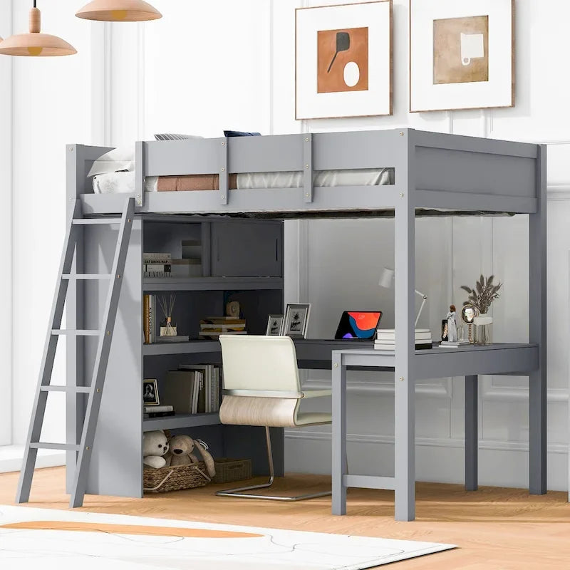 Lit mezzanine pleine grandeur avec bureau et étagère - Blanc