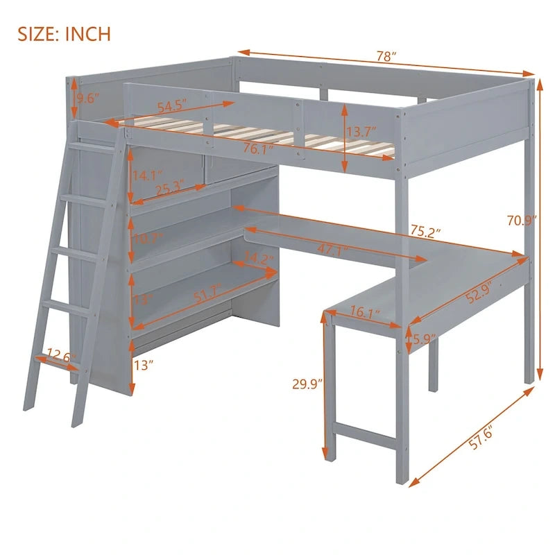Lit mezzanine pleine grandeur avec bureau et étagère - Blanc