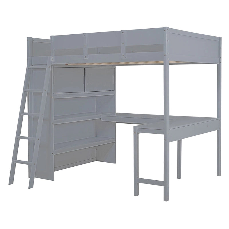 Lit mezzanine pleine grandeur avec bureau et étagère - Blanc