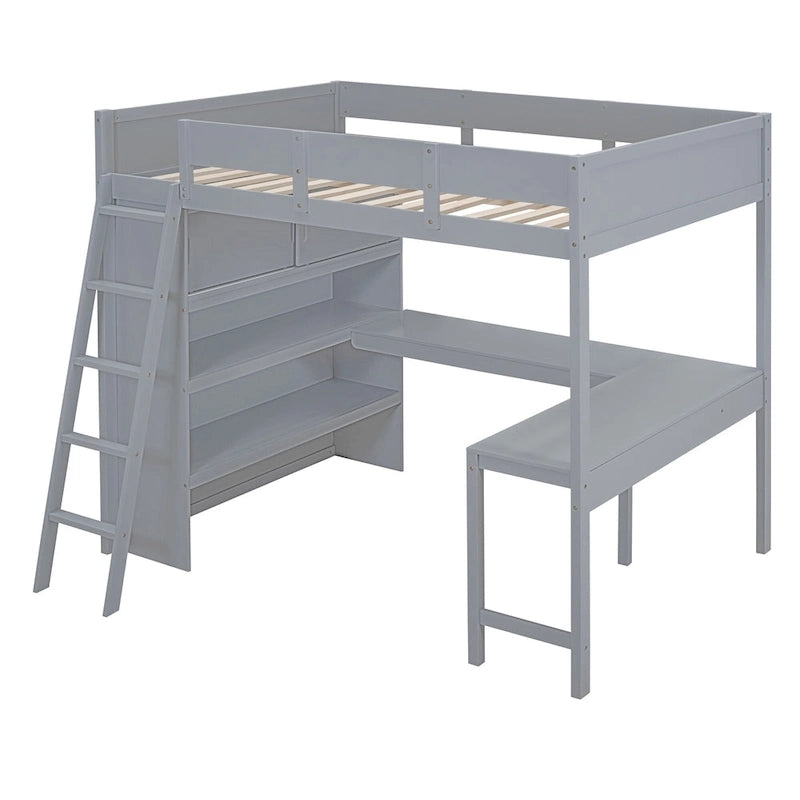 Lit mezzanine pleine grandeur avec bureau et étagère - Blanc