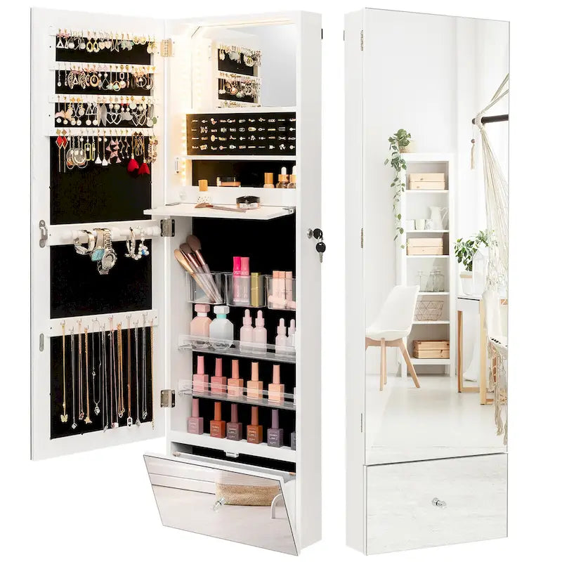 Armoire à bijoux murale avec miroir pleine longueur et éclairage LED