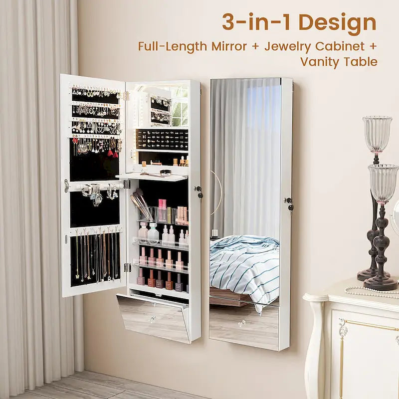 Armoire à bijoux murale avec miroir pleine longueur et éclairage LED