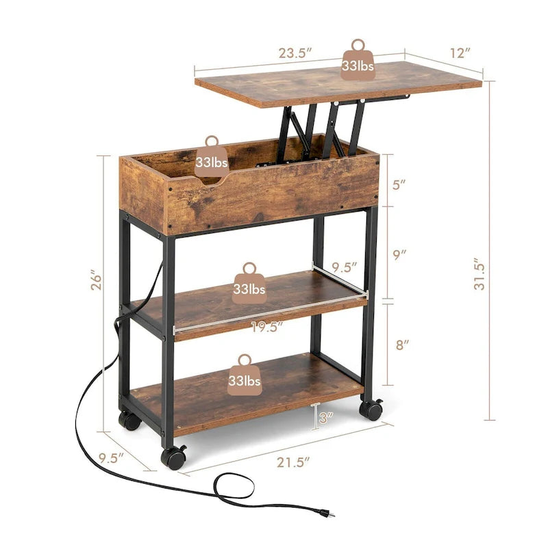 Table d'appoint relevable avec station de charge, étagères de rangement et roulettes | 54,6 x 30,5 x 66 cm
