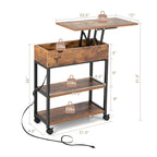Table d'appoint relevable avec station de charge, étagères de rangement et roulettes | 54,6 x 30,5 x 66 cm