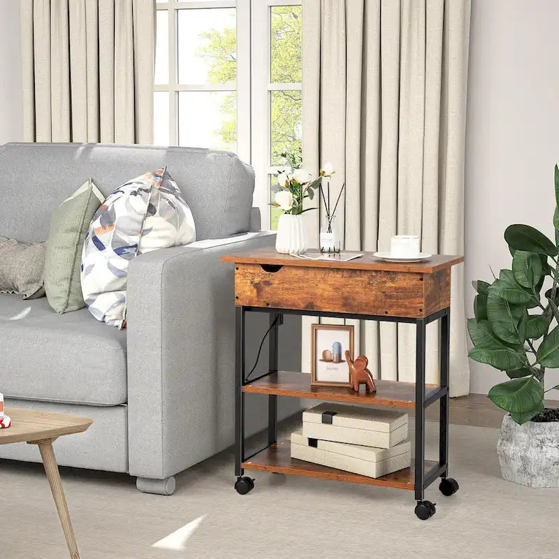 Table d'appoint relevable avec station de charge, étagères de rangement et roulettes | 54,6 x 30,5 x 66 cm