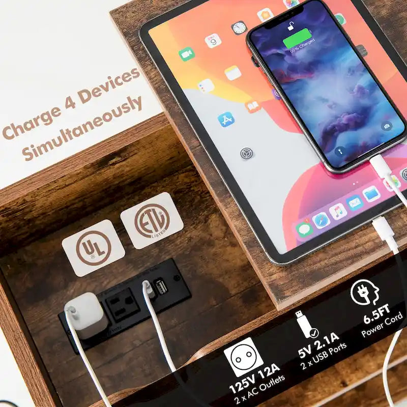 Table d'appoint relevable avec station de charge, étagères de rangement et roulettes | 54,6 x 30,5 x 66 cm