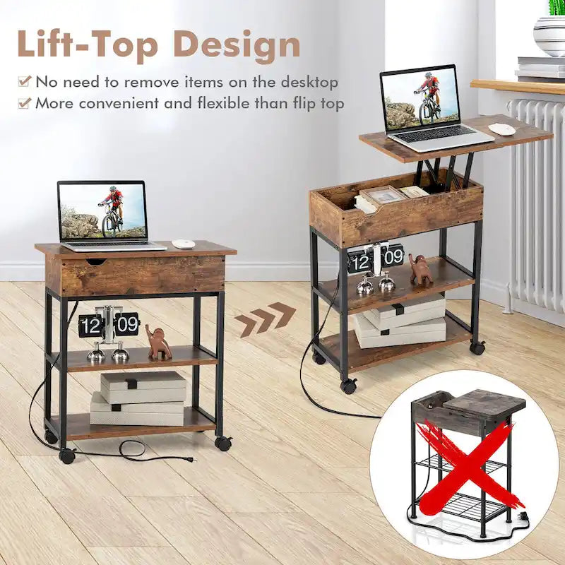 Table d'appoint relevable avec station de charge, étagères de rangement et roulettes | 54,6 x 30,5 x 66 cm