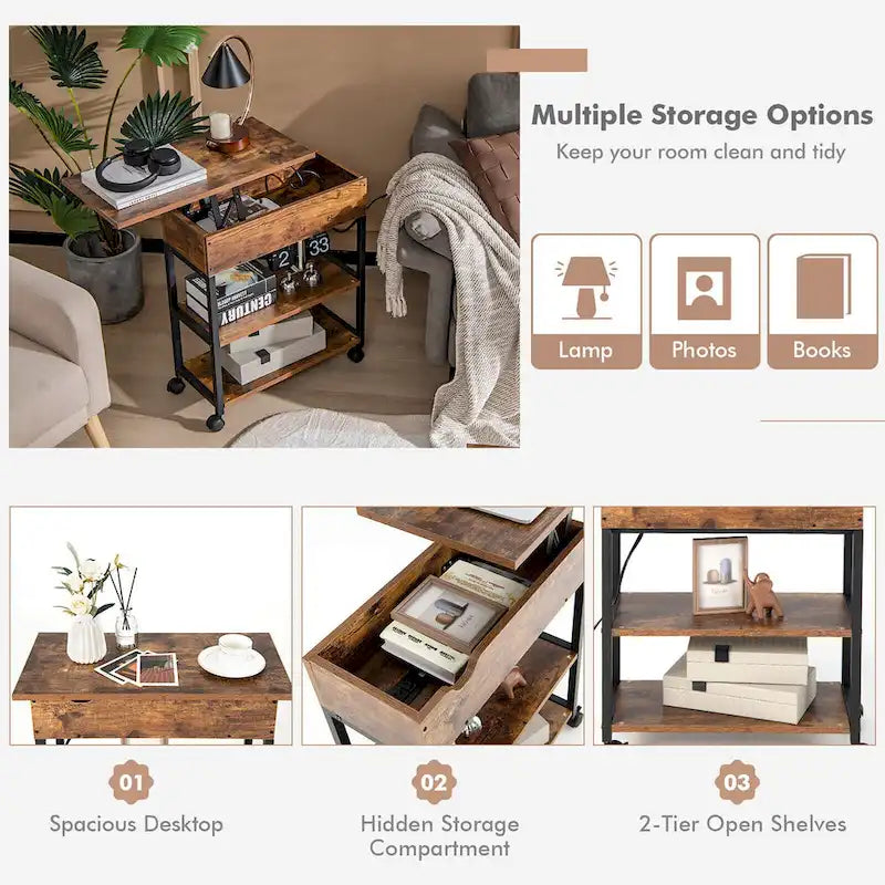Table d'appoint relevable avec station de charge, étagères de rangement et roulettes | 54,6 x 30,5 x 66 cm