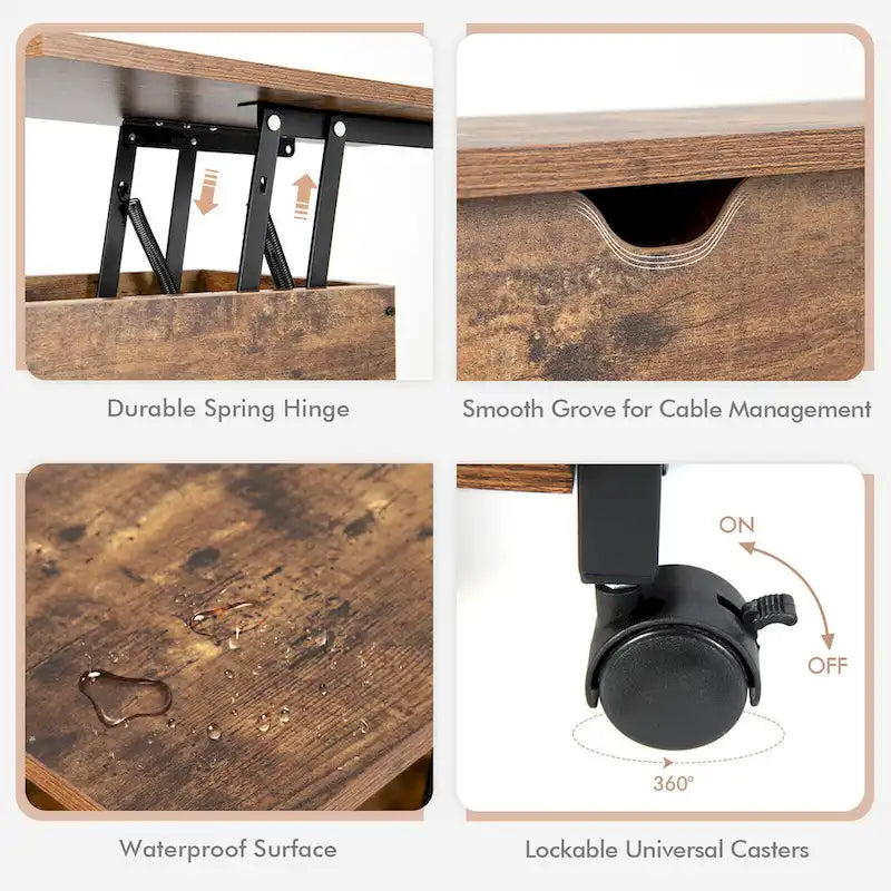 Table d'appoint relevable avec station de charge, étagères de rangement et roulettes | 54,6 x 30,5 x 66 cm