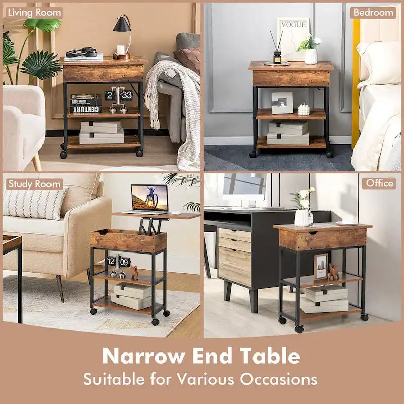 Table d'appoint relevable avec station de charge, étagères de rangement et roulettes | 54,6 x 30,5 x 66 cm