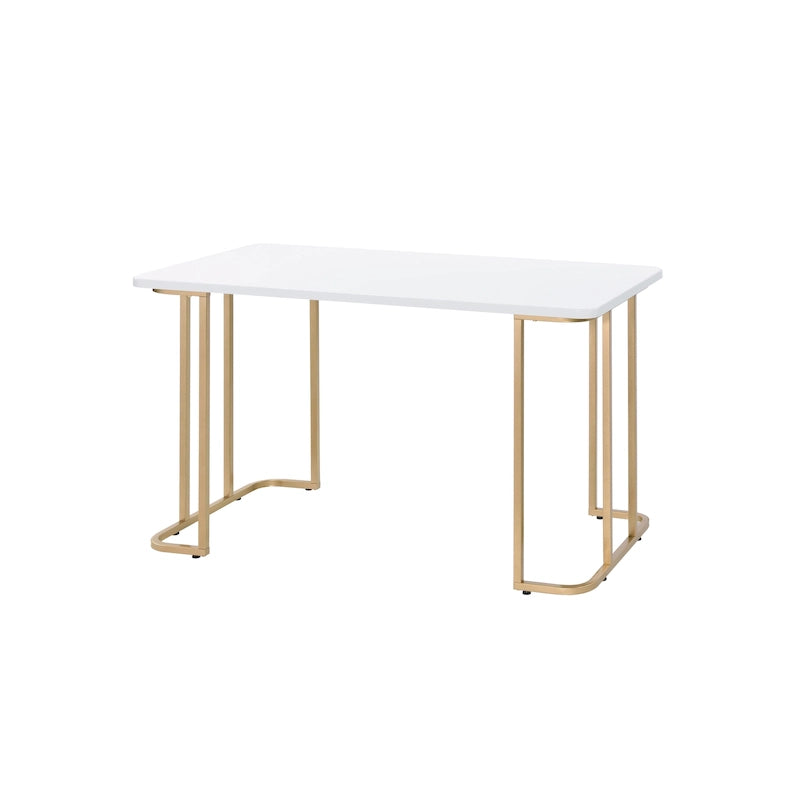 Bureau rectangulaire blanc et or | Piétement ouvert | Métal et bois