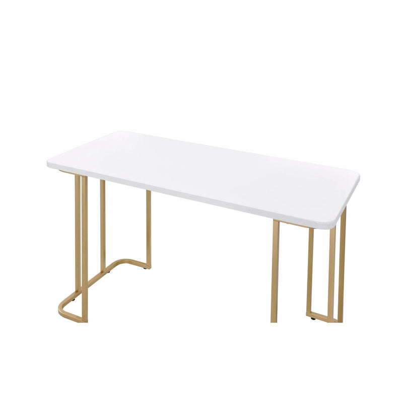 Bureau rectangulaire blanc et or | Piétement ouvert | Métal et bois