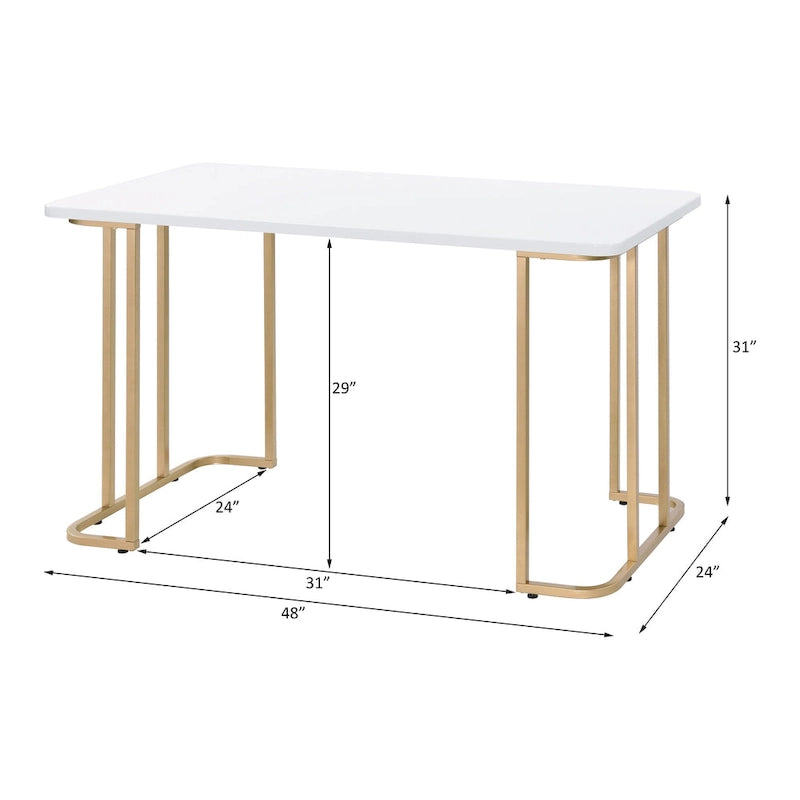 Bureau rectangulaire blanc et or | Piétement ouvert | Métal et bois