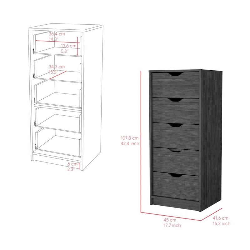 Commode verticale compacte en bois à 5 tiroirs, commode étroite pour chambre ou bureau