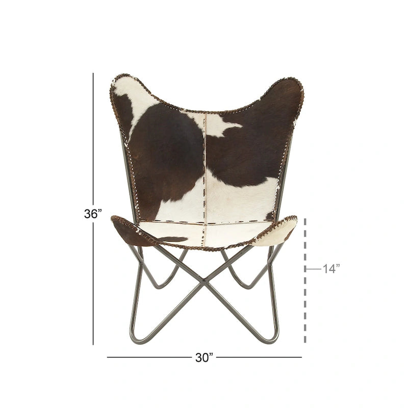 Fauteuil Papillon Fait Main en Cuir Blanc, Gris, Marron, Marron Clair ou Marron Beige avec Support Noir