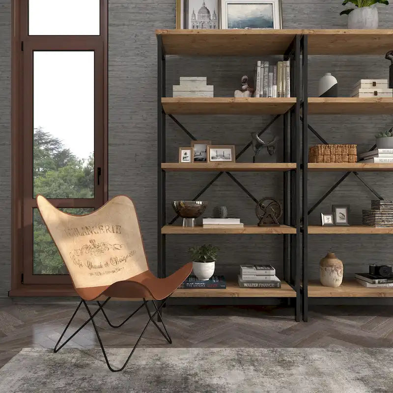 Fauteuil Papillon Fait Main en Cuir Blanc, Gris, Marron, Marron Clair ou Marron Beige avec Support Noir