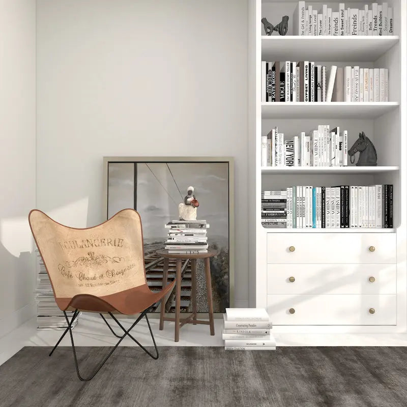 Fauteuil Papillon Fait Main en Cuir Blanc, Gris, Marron, Marron Clair ou Marron Beige avec Support Noir