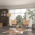 Fauteuil Papillon Fait Main en Cuir Blanc, Gris, Marron, Marron Clair ou Marron Beige avec Support Noir