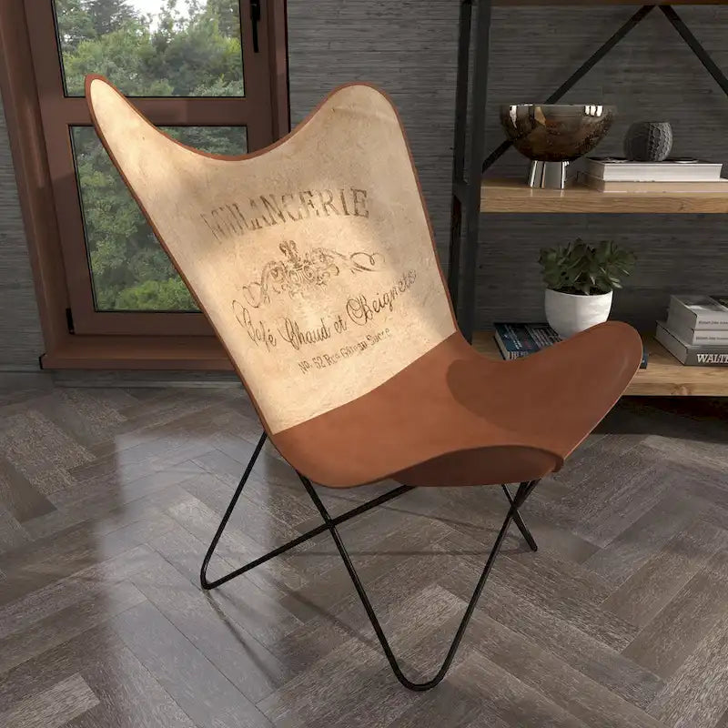 Fauteuil Papillon Fait Main en Cuir Blanc, Gris, Marron, Marron Clair ou Marron Beige avec Support Noir