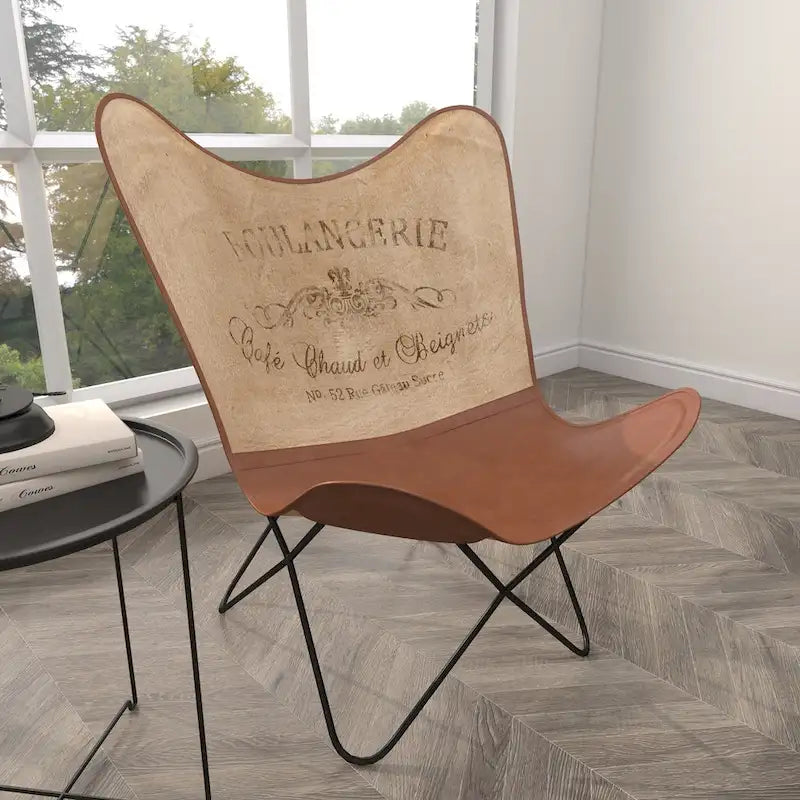Fauteuil Papillon Fait Main en Cuir Blanc, Gris, Marron, Marron Clair ou Marron Beige avec Support Noir