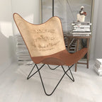 Fauteuil Papillon Fait Main en Cuir Blanc, Gris, Marron, Marron Clair ou Marron Beige avec Support Noir