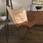 Fauteuil Papillon Fait Main en Cuir Blanc, Gris, Marron, Marron Clair ou Marron Beige avec Support Noir