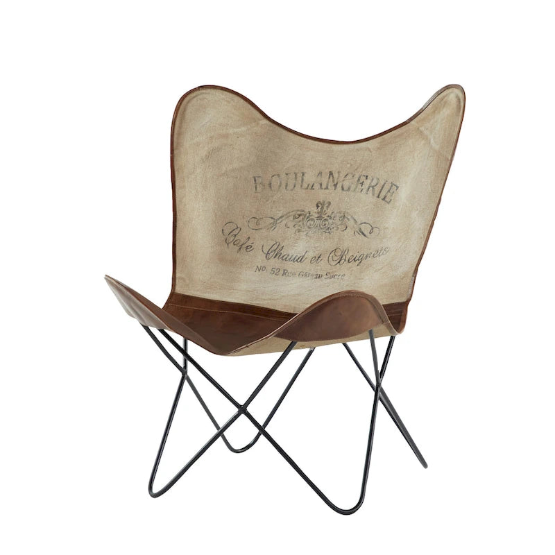 Fauteuil Papillon Fait Main en Cuir Blanc, Gris, Marron, Marron Clair ou Marron Beige avec Support Noir