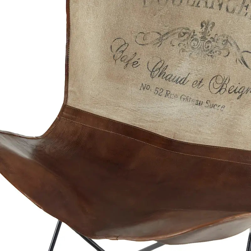 Fauteuil Papillon Fait Main en Cuir Blanc, Gris, Marron, Marron Clair ou Marron Beige avec Support Noir
