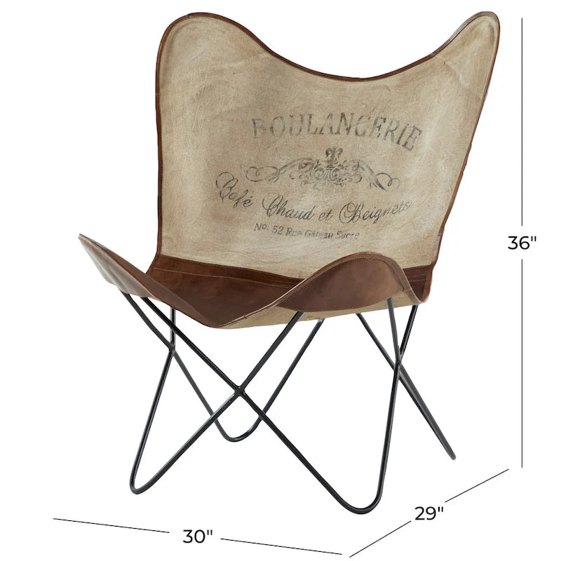 Fauteuil Papillon Fait Main en Cuir Blanc, Gris, Marron, Marron Clair ou Marron Beige avec Support Noir