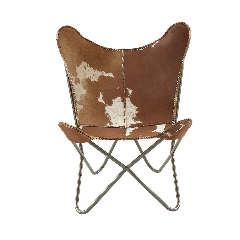 Fauteuil Papillon Fait Main en Cuir Blanc, Gris, Marron, Marron Clair ou Marron Beige avec Support Noir