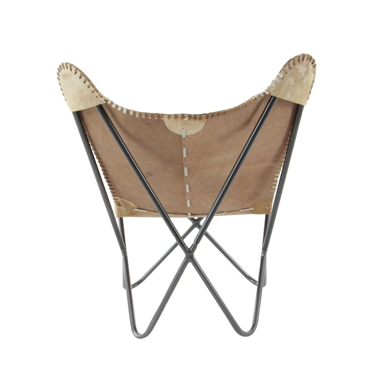 Fauteuil Papillon Fait Main en Cuir Blanc, Gris, Marron, Marron Clair ou Marron Beige avec Support Noir