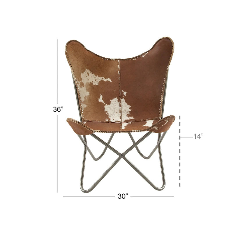 Fauteuil Papillon Fait Main en Cuir Blanc, Gris, Marron, Marron Clair ou Marron Beige avec Support Noir