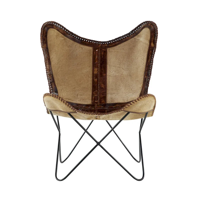 Fauteuil Papillon Fait Main en Cuir Blanc, Gris, Marron, Marron Clair ou Marron Beige avec Support Noir