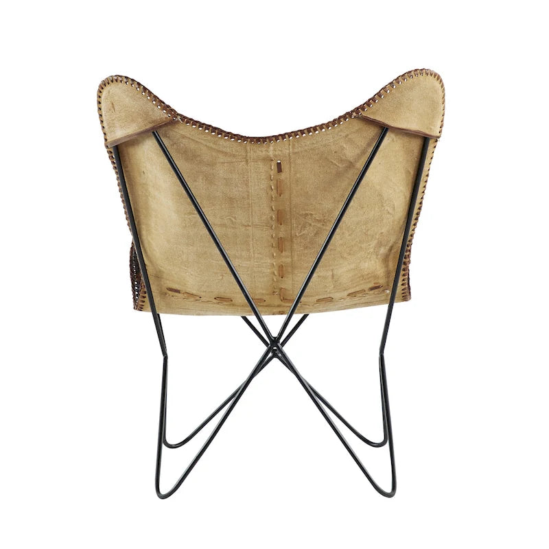 Fauteuil Papillon Fait Main en Cuir Blanc, Gris, Marron, Marron Clair ou Marron Beige avec Support Noir