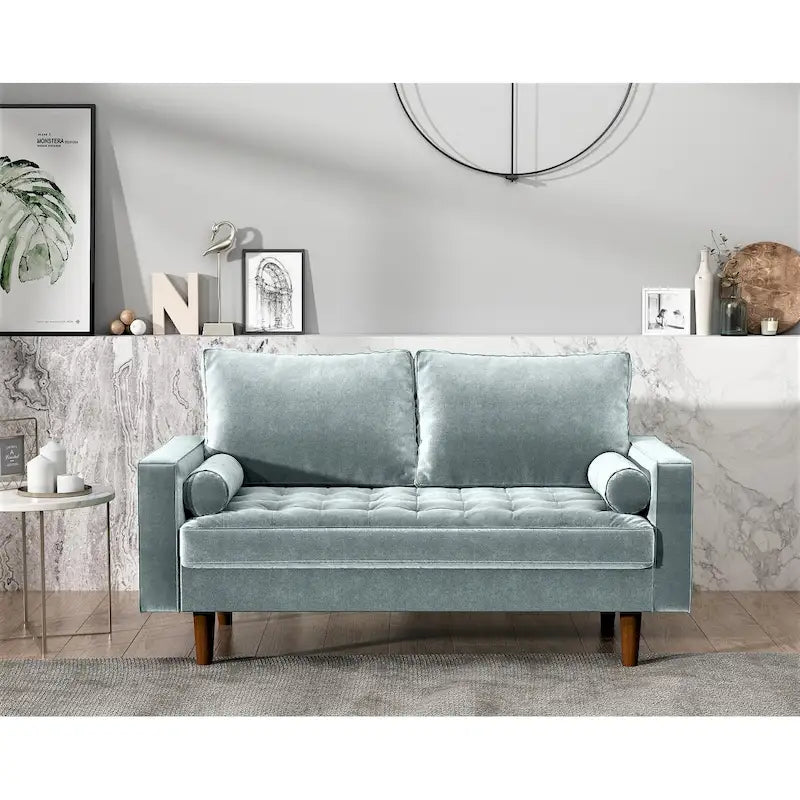 Causeuse capitonnée en velours de style Mid-Century avec pieds en bois et traversins