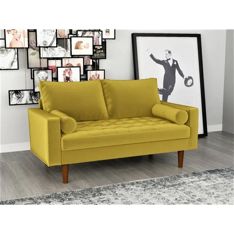 Causeuse capitonnée en velours de style Mid-Century avec pieds en bois et traversins