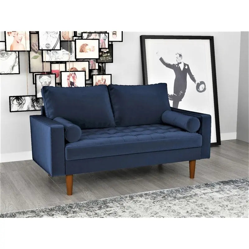 Causeuse capitonnée en velours de style Mid-Century avec pieds en bois et traversins