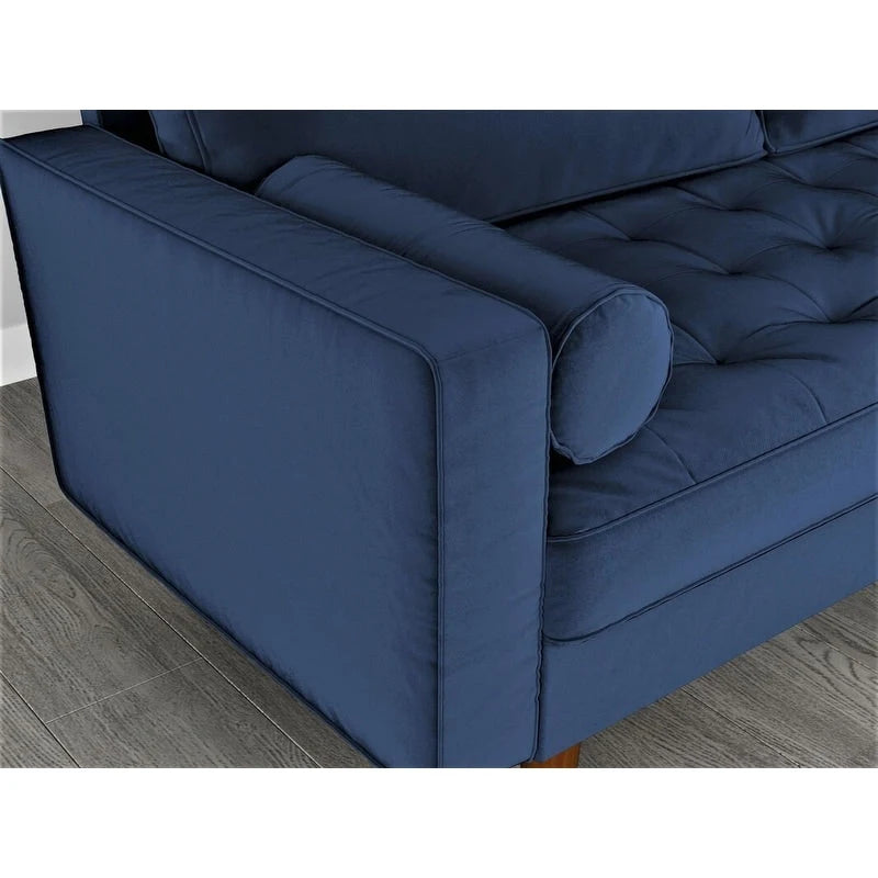 Causeuse capitonnée en velours de style Mid-Century avec pieds en bois et traversins