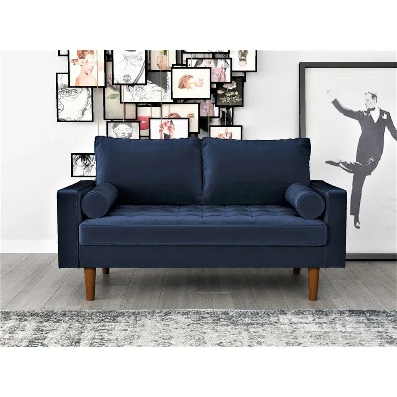 Causeuse capitonnée en velours de style Mid-Century avec pieds en bois et traversins