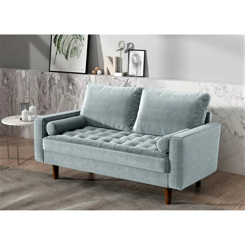 Causeuse capitonnée en velours de style Mid-Century avec pieds en bois et traversins