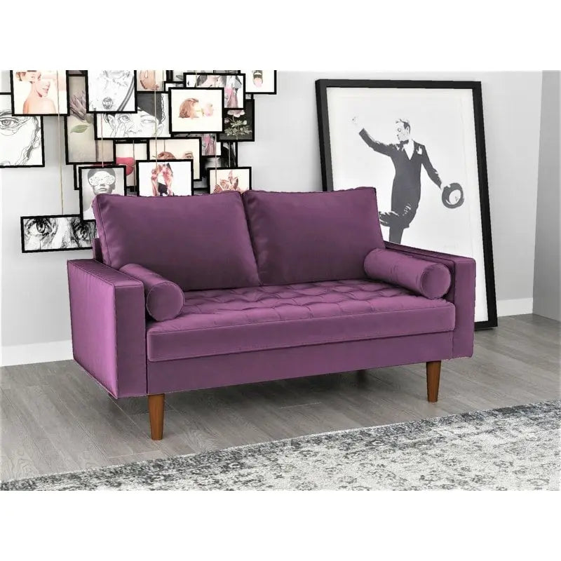 Causeuse capitonnée en velours de style Mid-Century avec pieds en bois et traversins