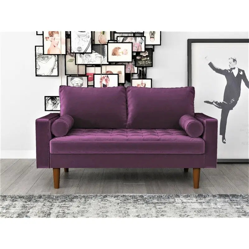 Causeuse capitonnée en velours de style Mid-Century avec pieds en bois et traversins